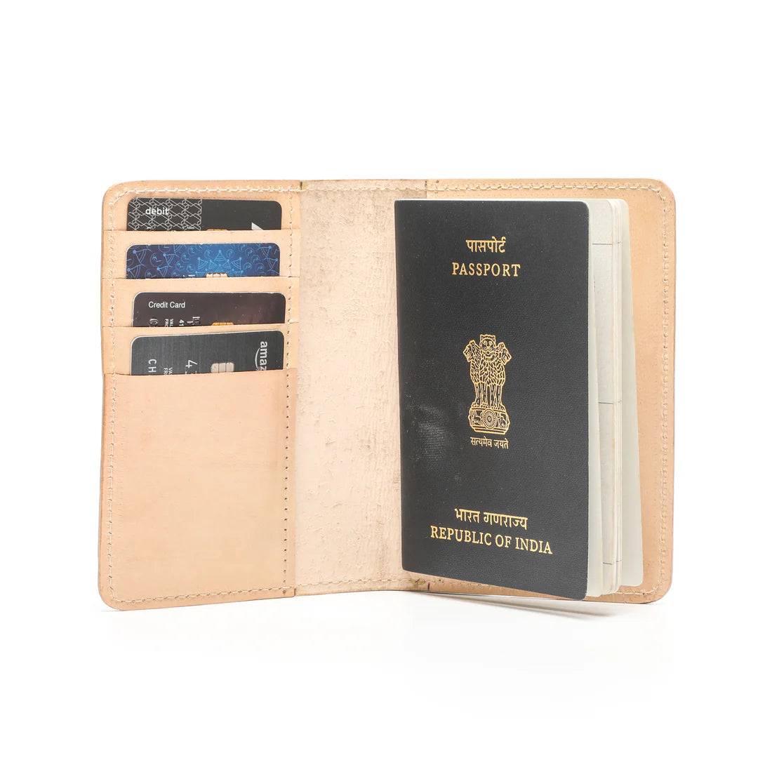 Inside of passport cover with passport and wallet to demonstrate how will it look.