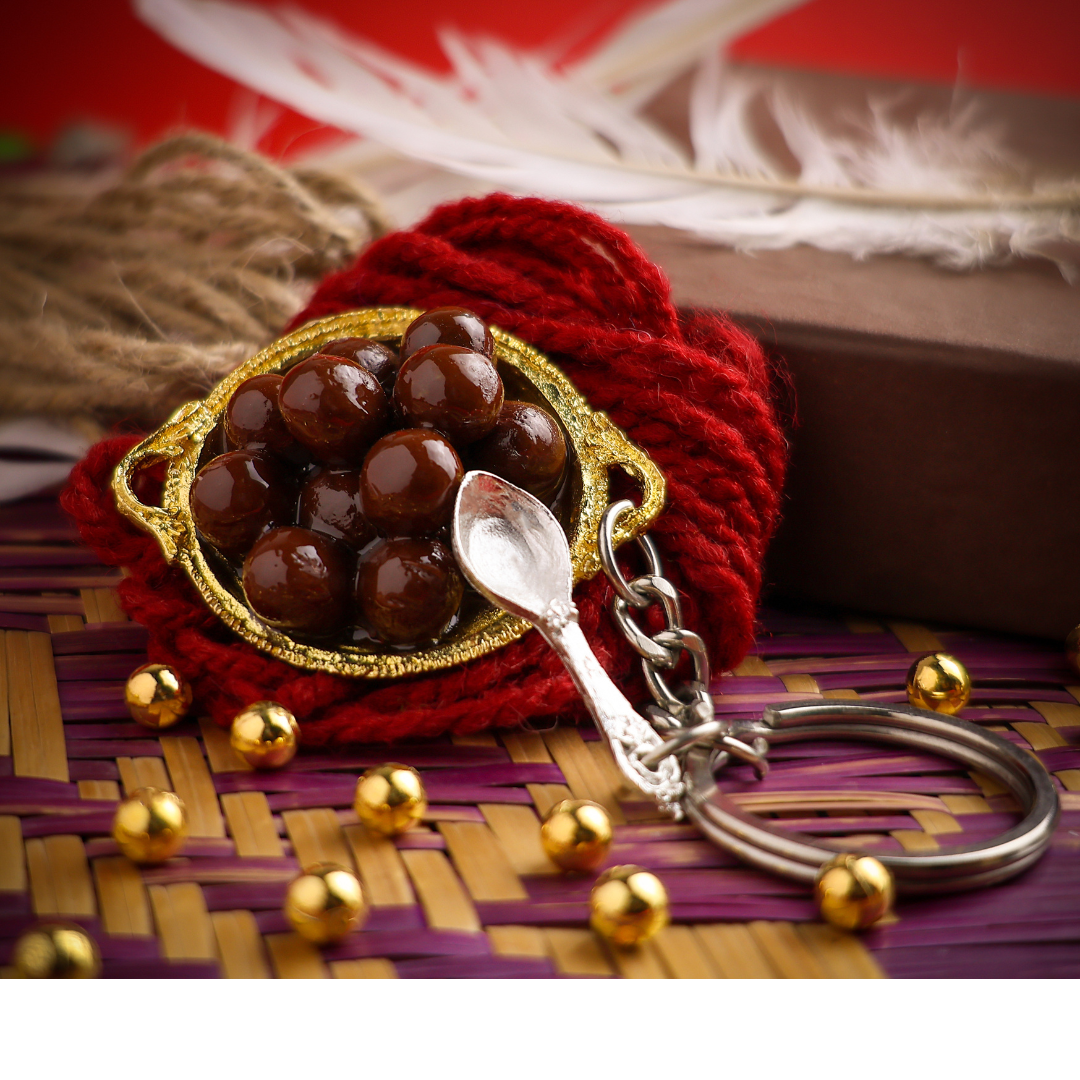 Gulab Jamun on Golden thali miniature Keyring