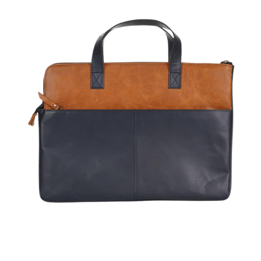 Handy Held Genuine Leather Laptop Bag Tan & Midnight Blue