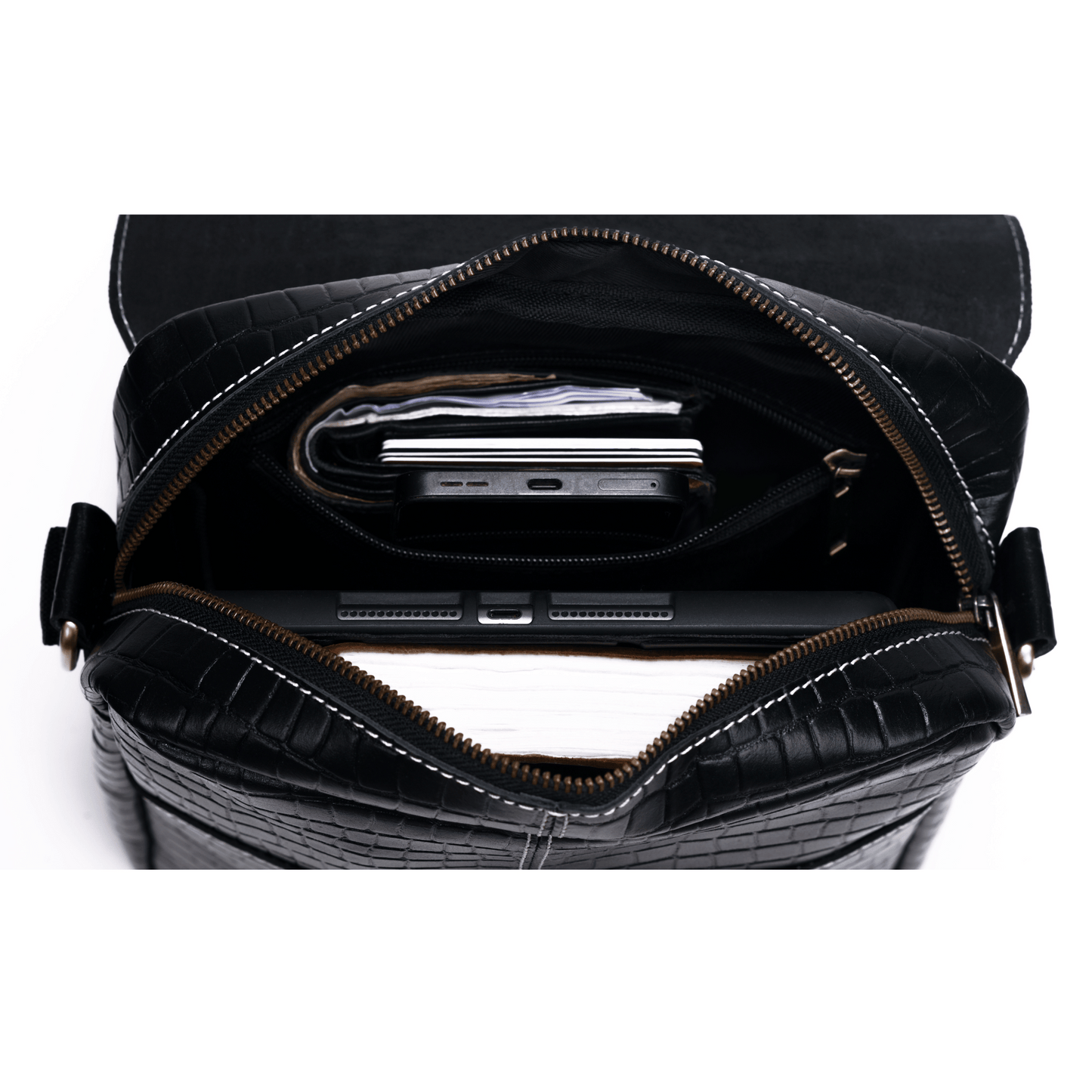 Zipper crossover Genuine Leather Cross Body Bag Ebony Black