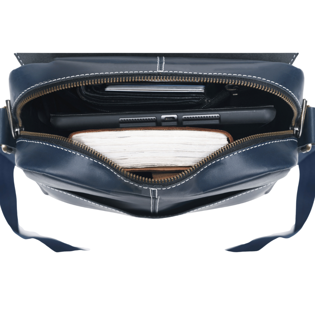 Zipper crossover Genuine Leather Cross Body Bag Midnight Blue